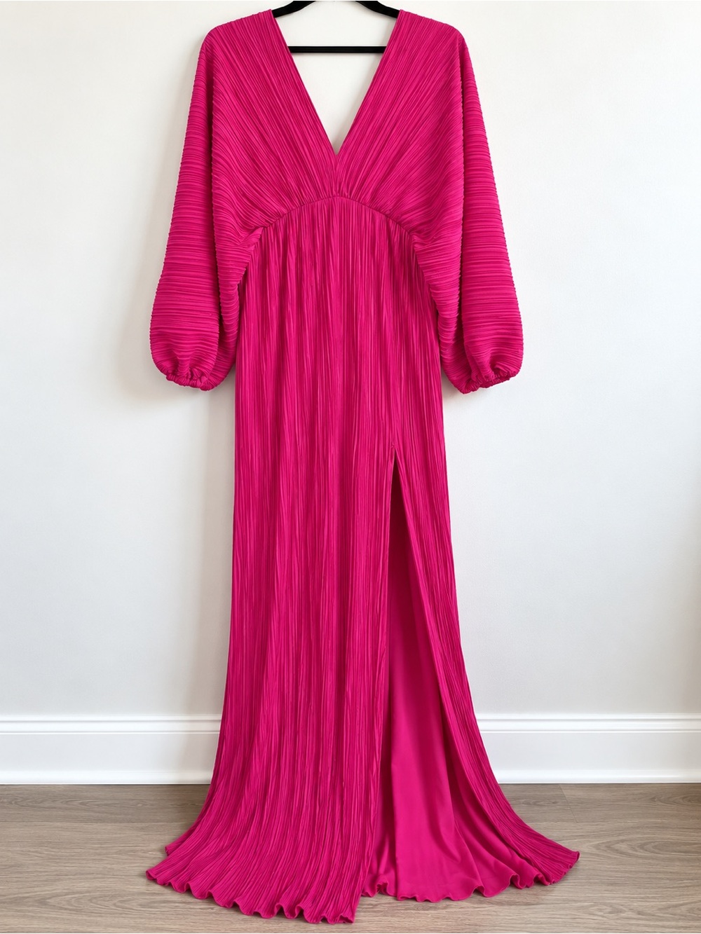Pleated Fuchsia V‑Neck Maxi Dress with Slit